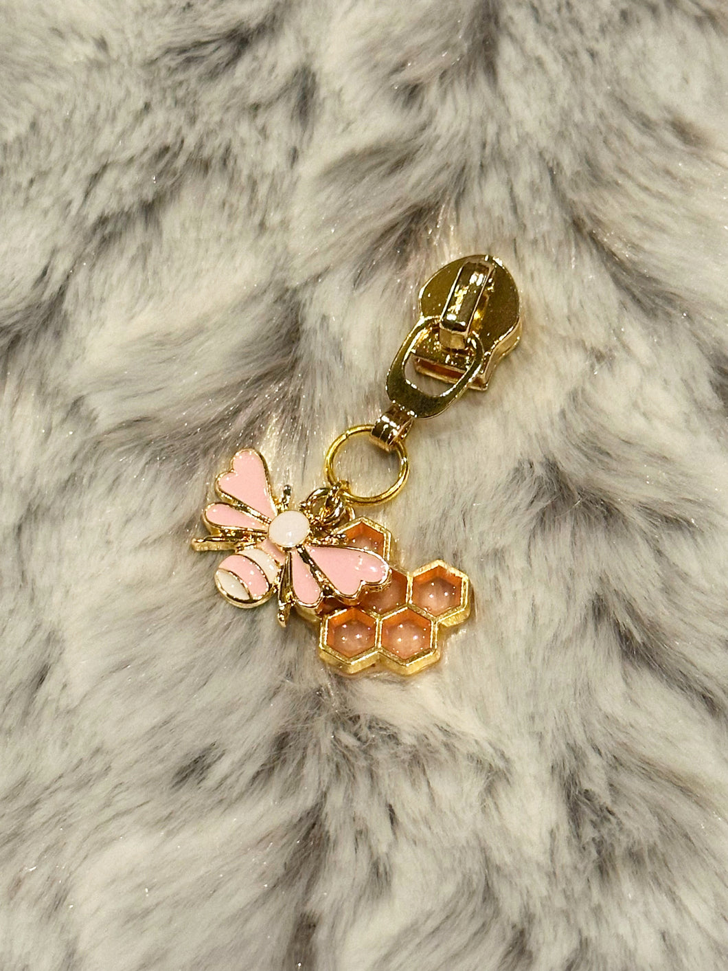 Queen Bee Zipper Pull (Double Charm) - Pastel Pink Bee & Hive